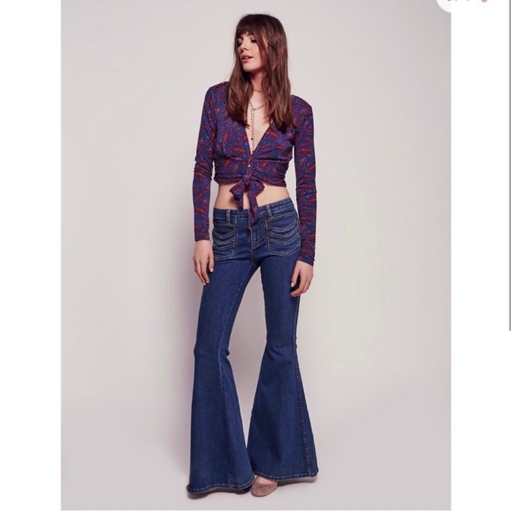 Free People Stella Super Flare Jeans Patch Front Pockets Stretch Bellbottoms 29